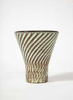 Glazed Brown and White Ceramic Sgraffito Vase c 1950 - 3055348