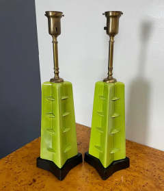 Glazed Chartreuse Ceramic Mid Century Table Lamps Frank Lloyd Wright Style - 2527844