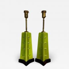 Glazed Chartreuse Ceramic Mid Century Table Lamps Frank Lloyd Wright Style - 2530283
