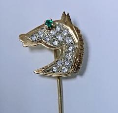 Gold Diamond Emerald Horses head Stickpin 20th century  - 2071272