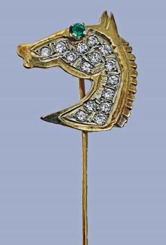 Gold Diamond Emerald Horses head Stickpin 20th century  - 2071274