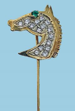 Gold Diamond Emerald Horses head Stickpin 20th century  - 2071275