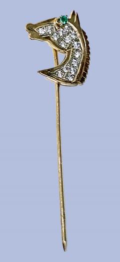 Gold Diamond Emerald Horses head Stickpin 20th century  - 2071277