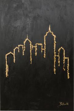 Gold Leaf And Black Acrylic Abstract New York Skyline Painting On Canvas - 3178968