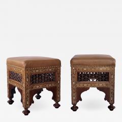 Good Pair of Moroccan Carved and Inlaid Square Upholstered Stools - 1648074