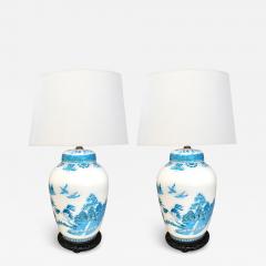 Good Quality Pair of French 1950s Blue White Cased Glass Ginger Jar Lamps - 3231968