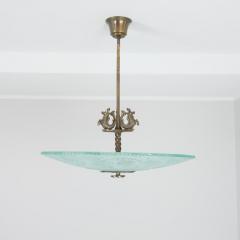 Gorgeous Art Deco Pendant in Brass and Blue Frosted Glass Swedish Grace 1930s - 4305088