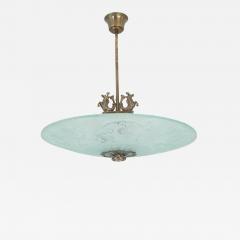 Gorgeous Art Deco Pendant in Brass and Blue Frosted Glass Swedish Grace 1930s - 4306333