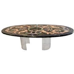 Grand Venetian Pietra Dura Oval Dining Table W Modern Lucite Base - 4239792