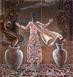 Grant Simon American Art Deco Vertical Painted Velvet Wall Hanging - 518529