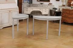 Gray Painted Gustavian Style 1890s Demilune Tables with Carved Dentil a Pair - 3587960