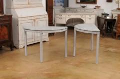 Gray Painted Gustavian Style 1890s Demilune Tables with Carved Dentil a Pair - 3588075