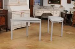 Gray Painted Gustavian Style 1890s Demilune Tables with Carved Dentil a Pair - 3588078