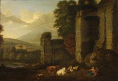 Great 17th century Italian painting bucolic landscape with ruins - 4237417