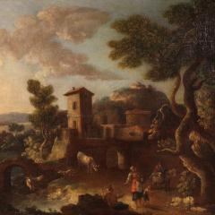 Great 17th century Italian painting countryside landscape with figures - 4220814