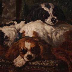 Great 19th century French painting interior scene with pet dogs - 4238604