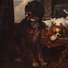 Great 19th century French painting interior scene with pet dogs - 4238607