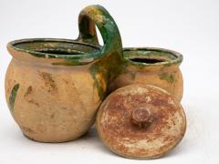 Green Glazed Shepherds Lunch Holder with Bowls and Handle France 19th C  - 4279398