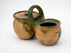 Green Glazed Shepherds Lunch Holder with Bowls and Handle France 19th C  - 4279400