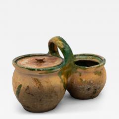 Green Glazed Shepherds Lunch Holder with Bowls and Handle France 19th C  - 4279998