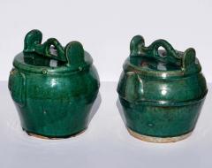 Green Glazed Shiwan Pottery Teapots Qing Dynasty Pair - 3042445
