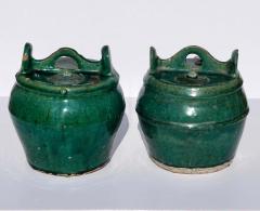 Green Glazed Shiwan Pottery Teapots Qing Dynasty Pair - 3042446