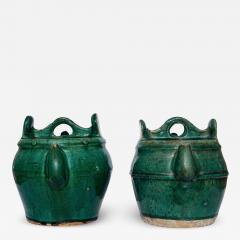 Green Glazed Shiwan Pottery Teapots Qing Dynasty Pair - 3044466