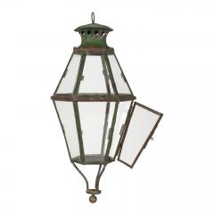 Green Painted Six Sided Glass Paneled Tole and Iron French Lantern - 4015587