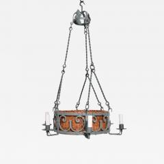 Green wrought iron and wicker ceiling lamp 1940s  - 4547632