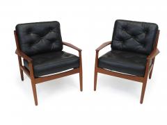Grete Jalk Grete Jalk Danish Teak Lounge Chairs in Black Leather - 2963559