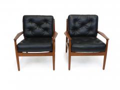 Grete Jalk Grete Jalk Danish Teak Lounge Chairs in Black Leather - 2963561