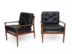Grete Jalk Grete Jalk Danish Teak Lounge Chairs in Black Leather - 2963563