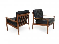 Grete Jalk Grete Jalk Danish Teak Lounge Chairs in Black Leather - 2963564