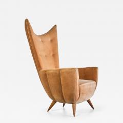 Guglielmo Ulrich Exceptional Guglielmo Ulrich Armchair in Velvet and Fluted Walnut Italy 1940s - 3324386