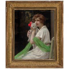 Guillaume Seignac Guillaume Seignac Oil on Canvas Good Friends Beauty with Kitten Painting - 775919