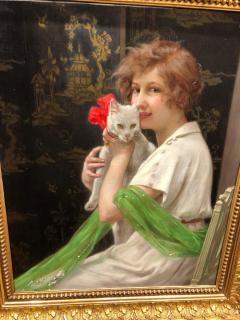 Guillaume Seignac Guillaume Seignac Oil on Canvas Good Friends Beauty with Kitten Painting - 775921