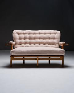 Guillerme et Chambron Oak Settee with Tufted Cushions in New Mohair Upholstery France c 1950 - 4493746