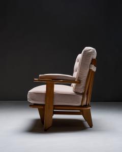 Guillerme et Chambron Oak Settee with Tufted Cushions in New Mohair Upholstery France c 1950 - 4493747