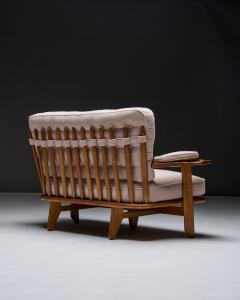 Guillerme et Chambron Oak Settee with Tufted Cushions in New Mohair Upholstery France c 1950 - 4493751