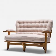 Guillerme et Chambron Oak Settee with Tufted Cushions in New Mohair Upholstery France c 1950 - 4493845