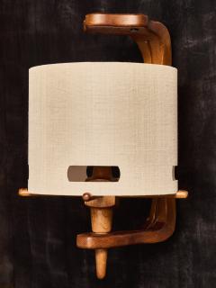 Guillerme et Chambron Pair of Guillerme et Chambron Wood and Ceramic Wall Sconces with Modern Shades - 4693278