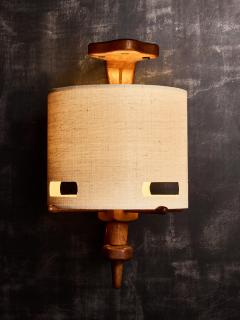 Guillerme et Chambron Pair of Guillerme et Chambron Wood and Ceramic Wall Sconces with Modern Shades - 4693307