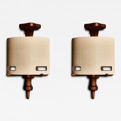 Guillerme et Chambron Pair of Guillerme et Chambron Wood and Ceramic Wall Sconces with Modern Shades - 4713911