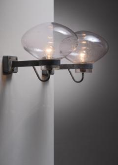 Gunnar Asplund Pair of Gunnar Asplund Metal and Glass Wall Sconces Sweden 1950s - 2114333