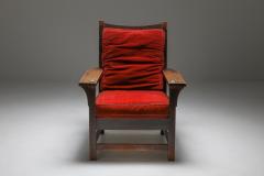 Gustav Stickley Gustav Stickley Oak Armchair with Red Velvet 1900s - 1382545