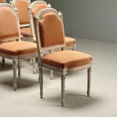 Gustavian Louis XVI Style Dining Chairs Grey Paint Distressed Pink Fabric - 3534526