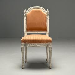 Gustavian Louis XVI Style Dining Chairs Grey Paint Distressed Pink Fabric - 3534527