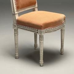 Gustavian Louis XVI Style Dining Chairs Grey Paint Distressed Pink Fabric - 3534529