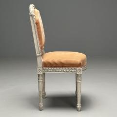 Gustavian Louis XVI Style Dining Chairs Grey Paint Distressed Pink Fabric - 3534531