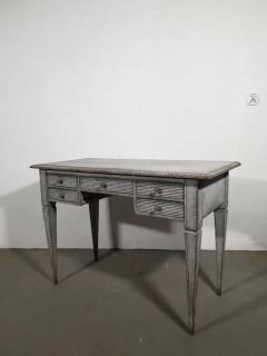 Gustavian Style 1870s Swedish Gray Painted Desk Fluted Drawers and Tapered Legs - 3604399